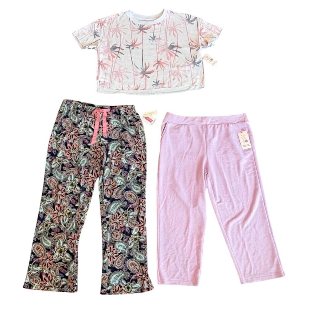 NWT Womens 3 pc Pajama bundle Large, 2 pajama pants, 1- short sleeve pajama top
